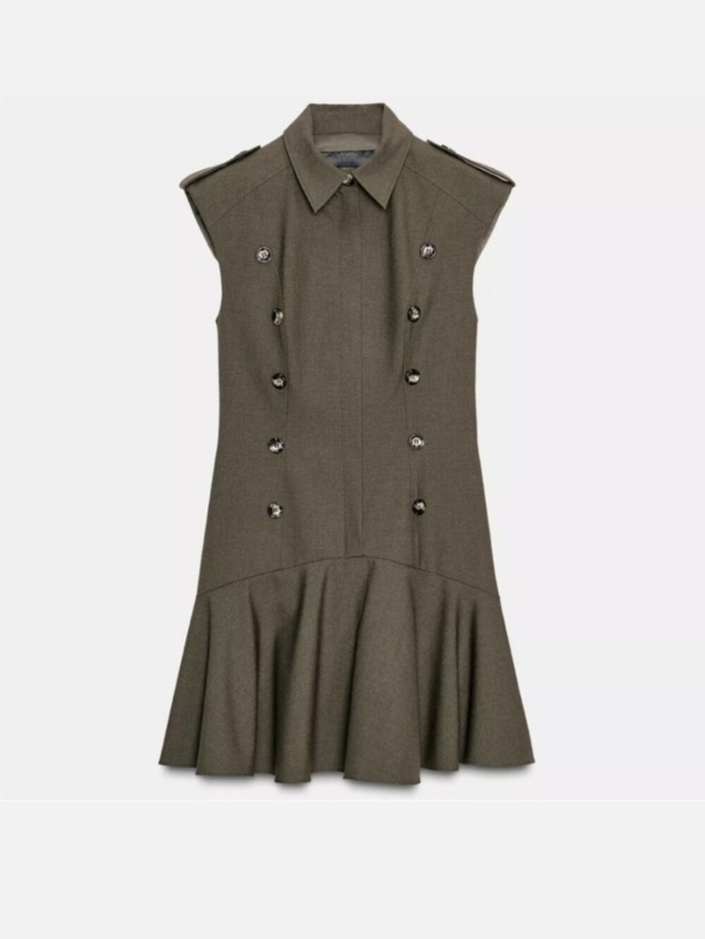 Zara,Sleeveless Military-Inspired Double-Breasted Flared Dress - Olive, Size Xs